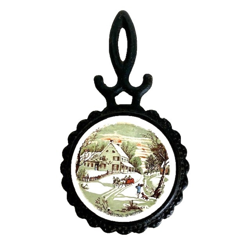 Vintage Currier and Ives Cast Iron Trivet The Homestead in Winter